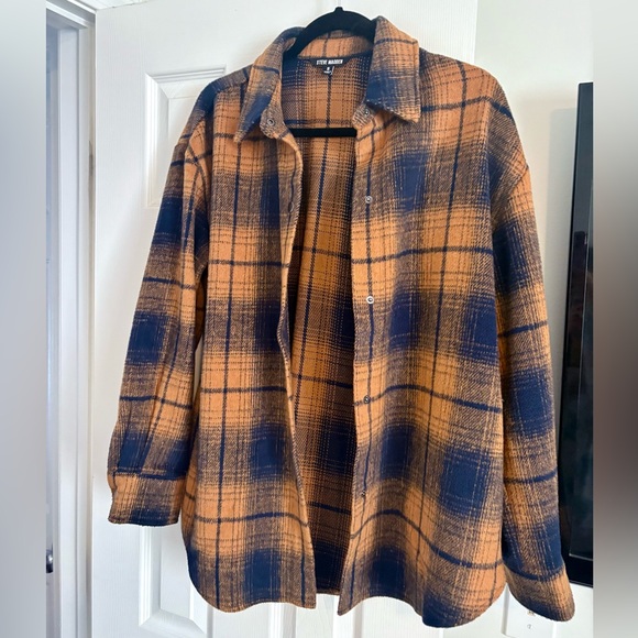 Steve Madden Sophia Shirt Jacket Shacket Sz S Orange Navy Plaid Peacoat Pockets - Picture 1 of 4